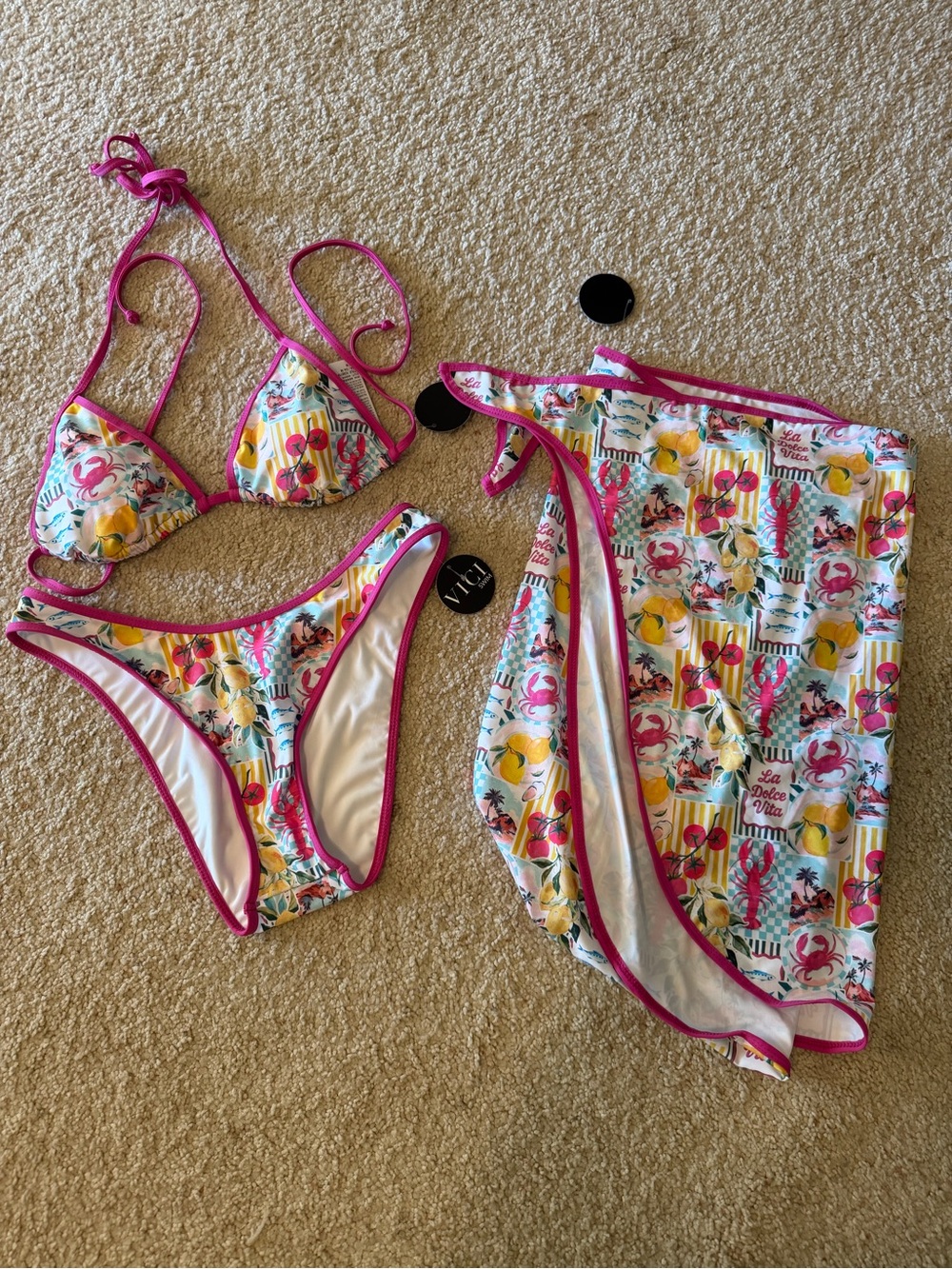 Vici Tropical Floral & Fruit Bikini Set with Pink Trim